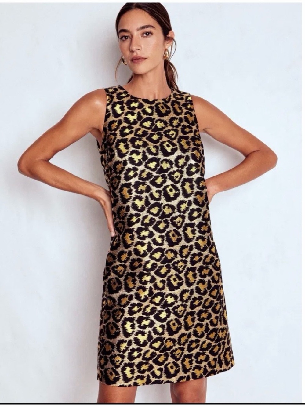Boden Metallic Gold Leopard Shift Dress Sz 10 Party Cocktail Jacquard Reto Vibe